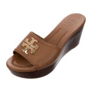 Tori Burch Sandal Women's 5.5 Brown Lowell Wedge Pebbled Leather  Slides